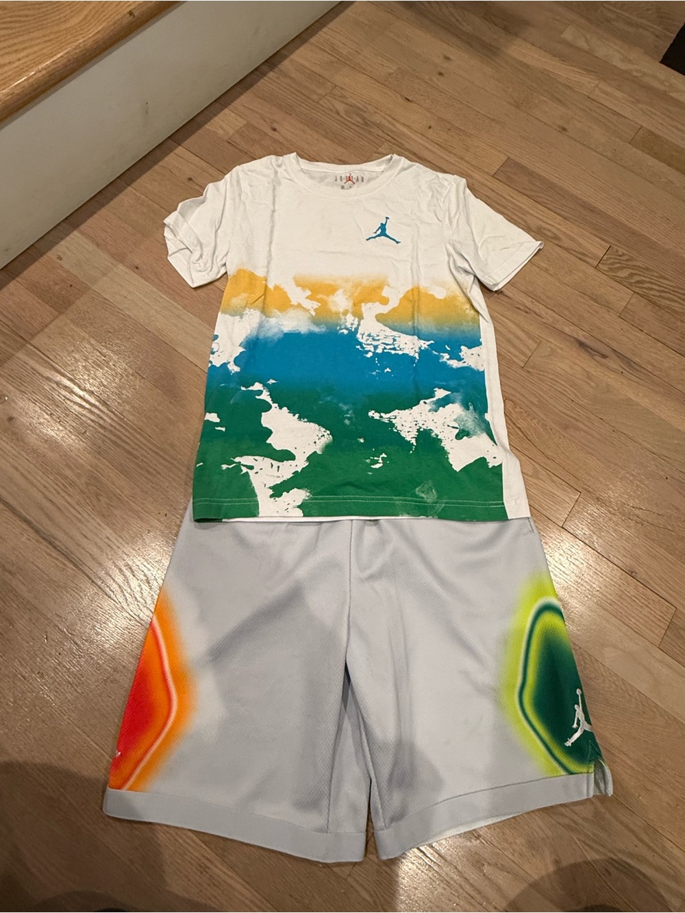 Jordan White Tee with Green, Blue & Yellow Graphic